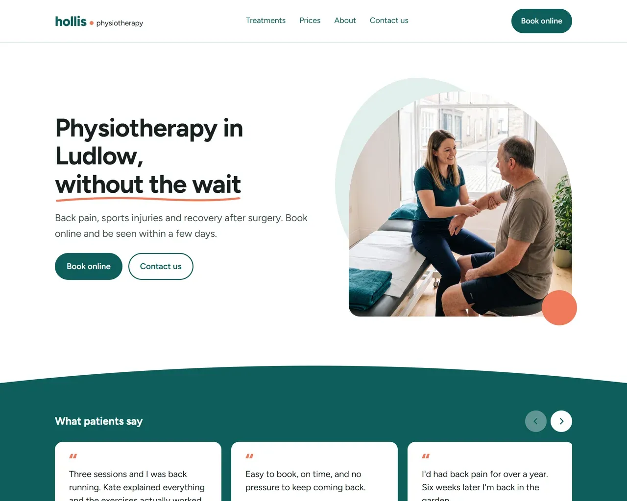 The Hollis Physiotherapy demo site on a desktop