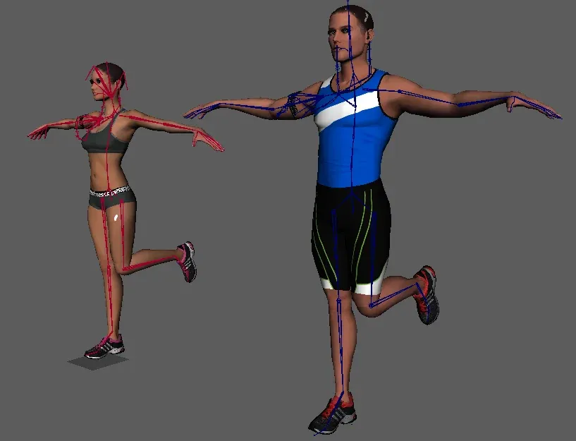 Two 3D avatars in running poses, shown with their animation rigs overlaid.