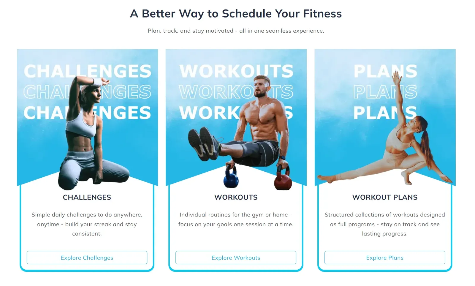 Three cards on the keep.fit site headed Challenges, Workouts and Workout Plans.