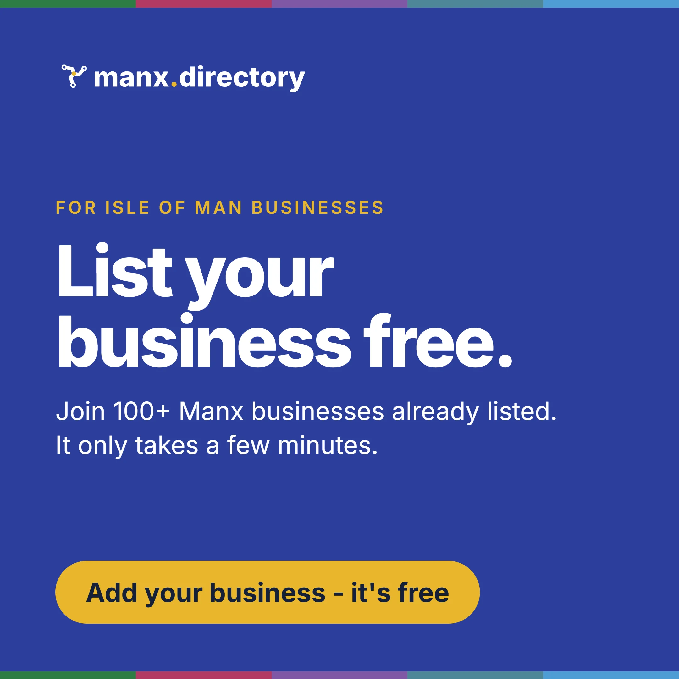 A manx.directory advert reading "List your business free. Join 100+ Manx businesses already listed."