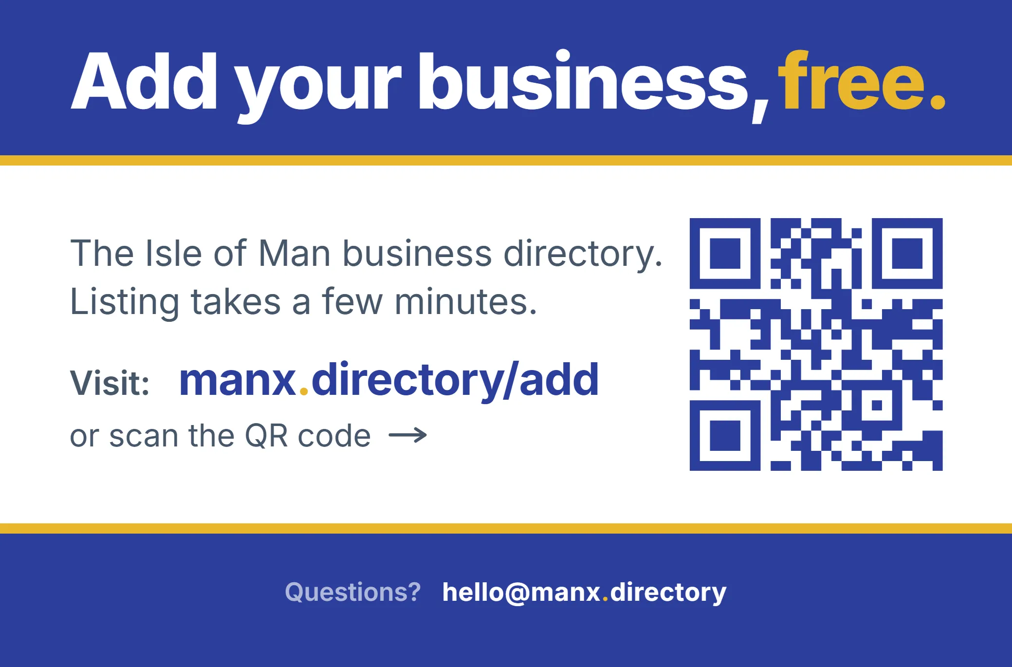 The back of the card: add your business free, the web address and a QR code.