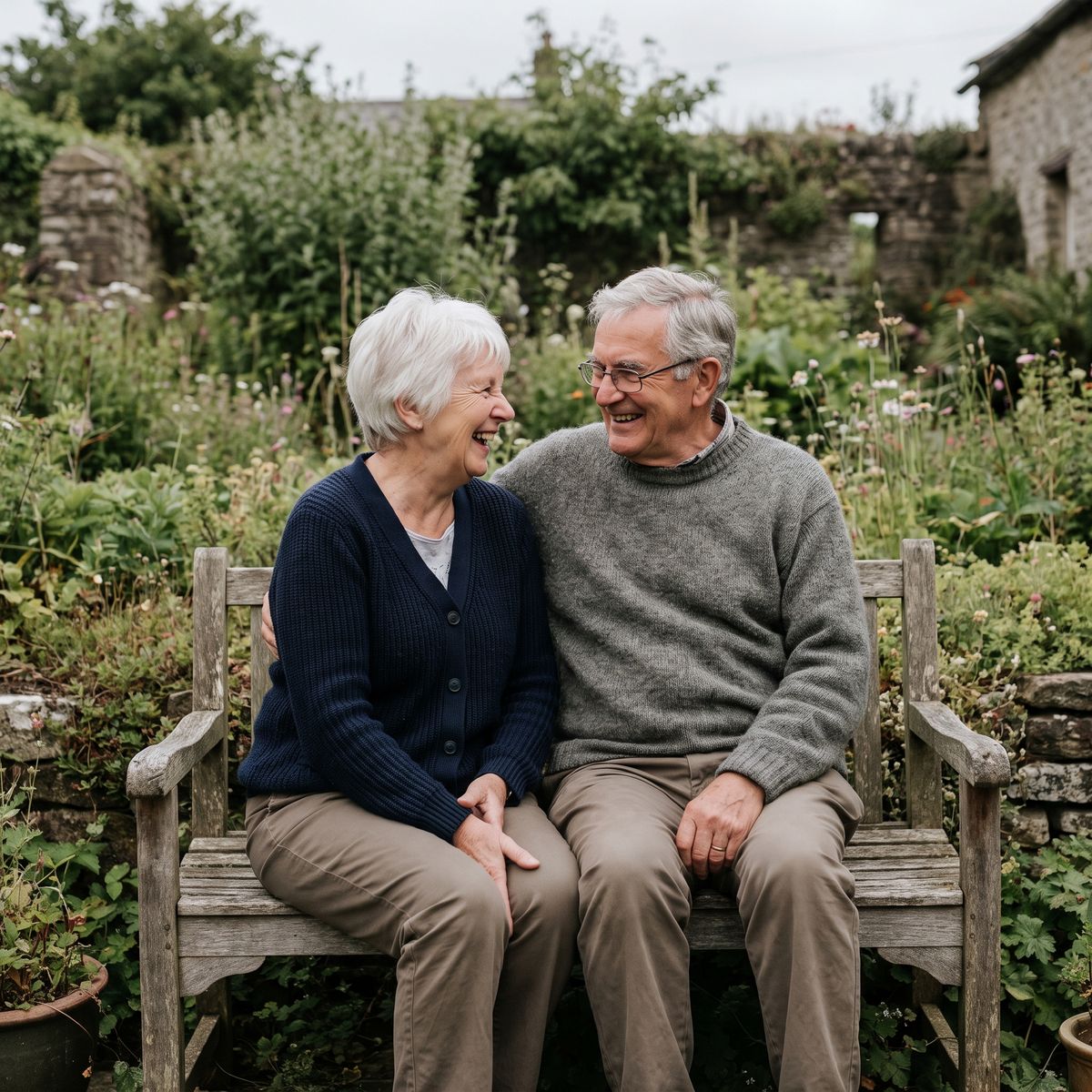Margaret and Alan on a garden bench