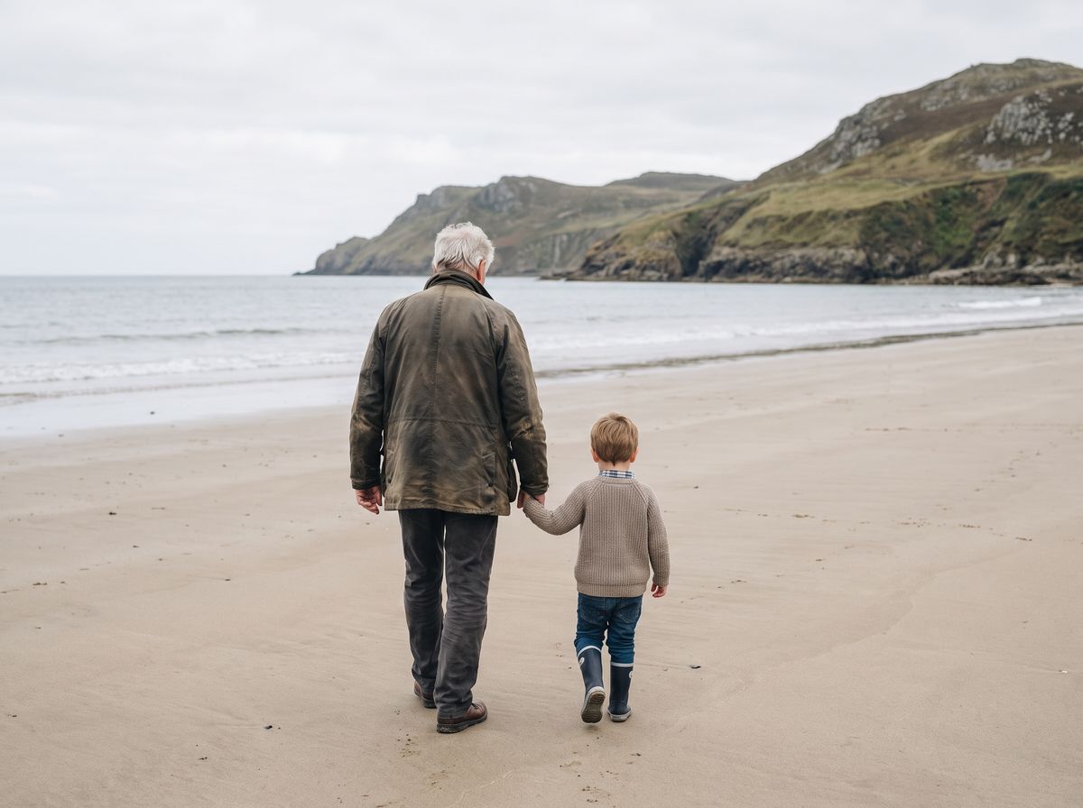 A grandparent and grandchild on the beach