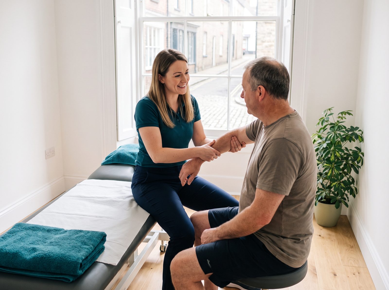 Kate assessing a patient's shoulder in the clinic