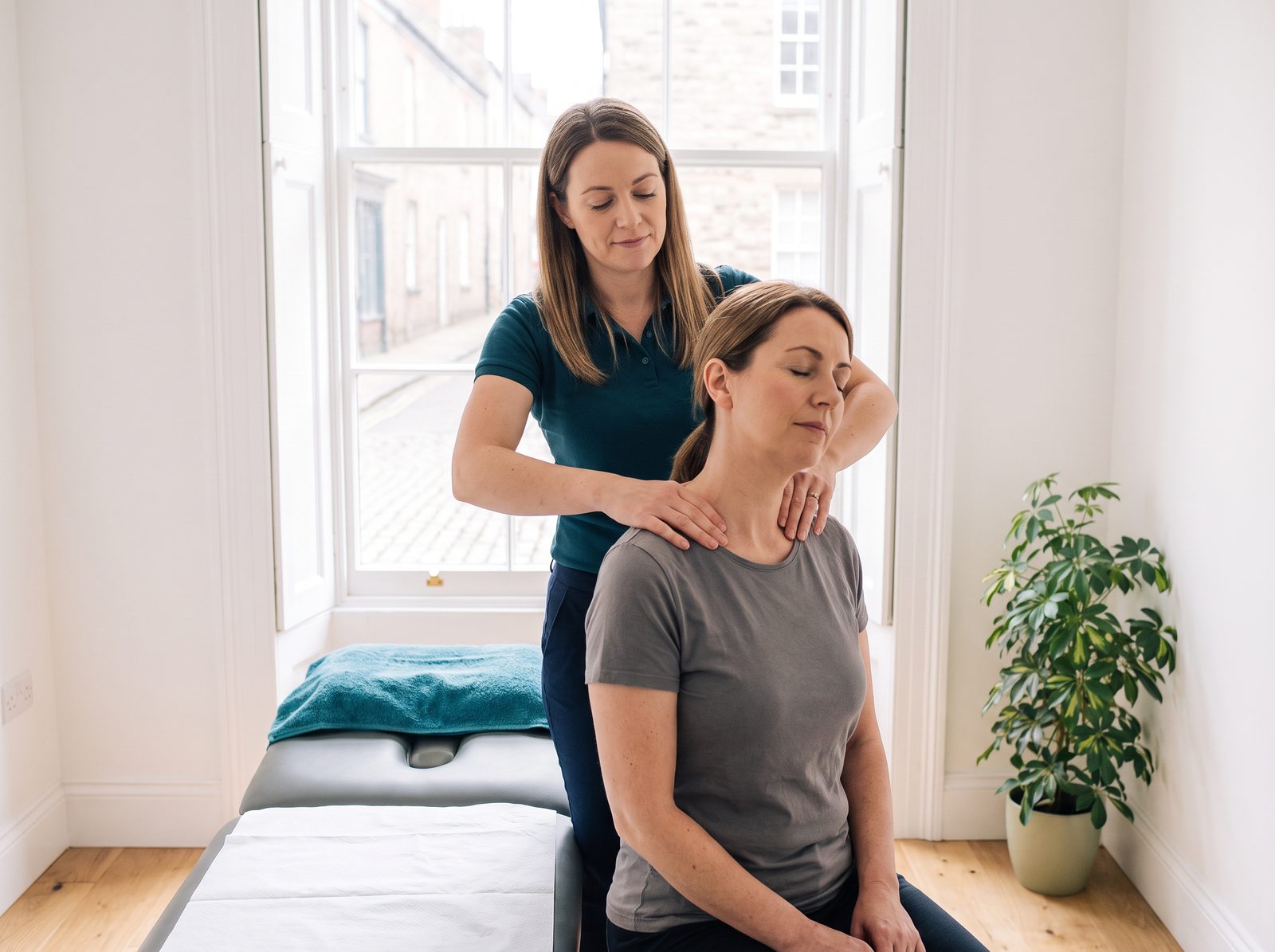 Kate treating a patient's neck and shoulders