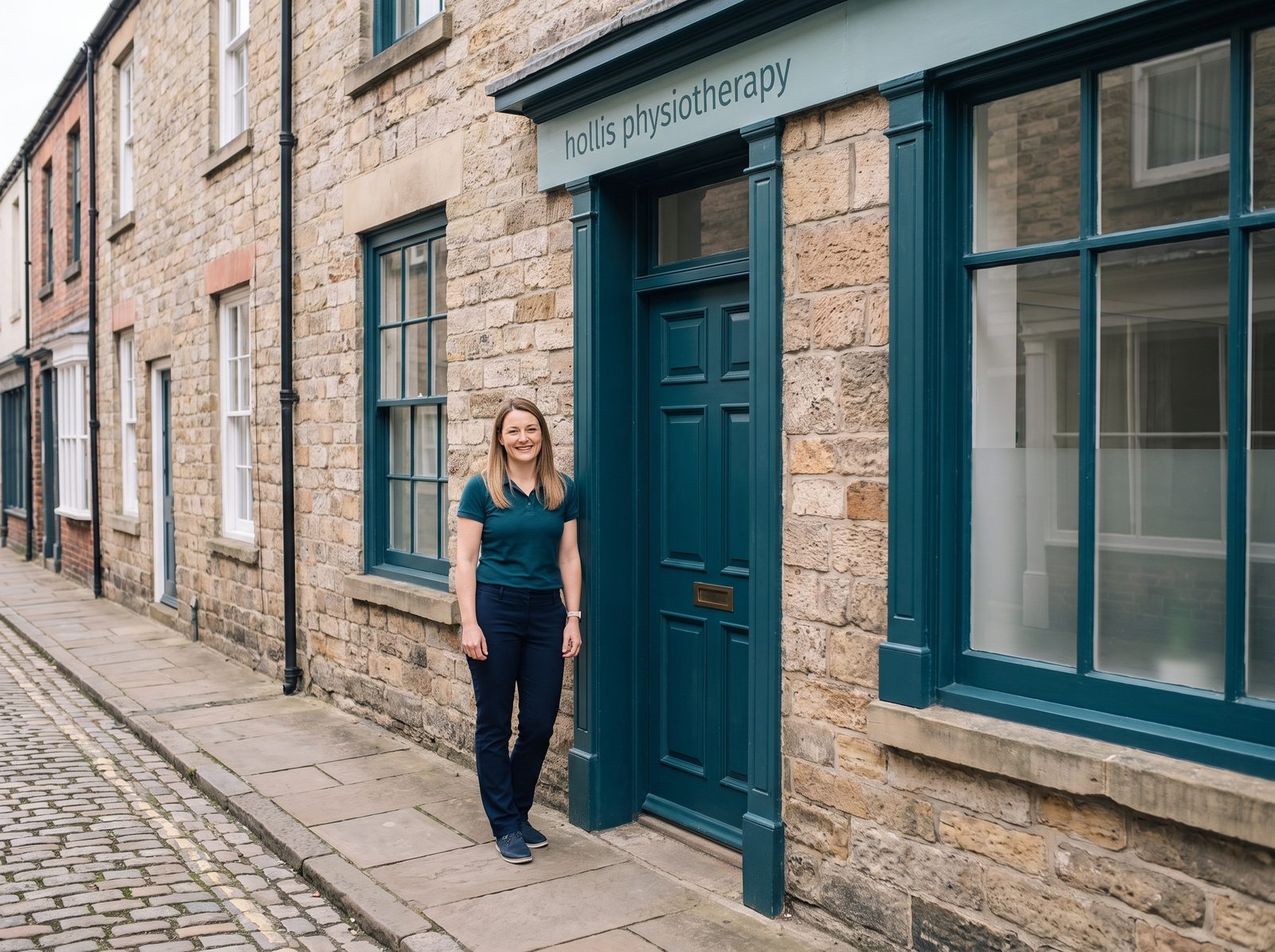 Kate outside Hollis Physiotherapy on a cobbled street in Ludlow