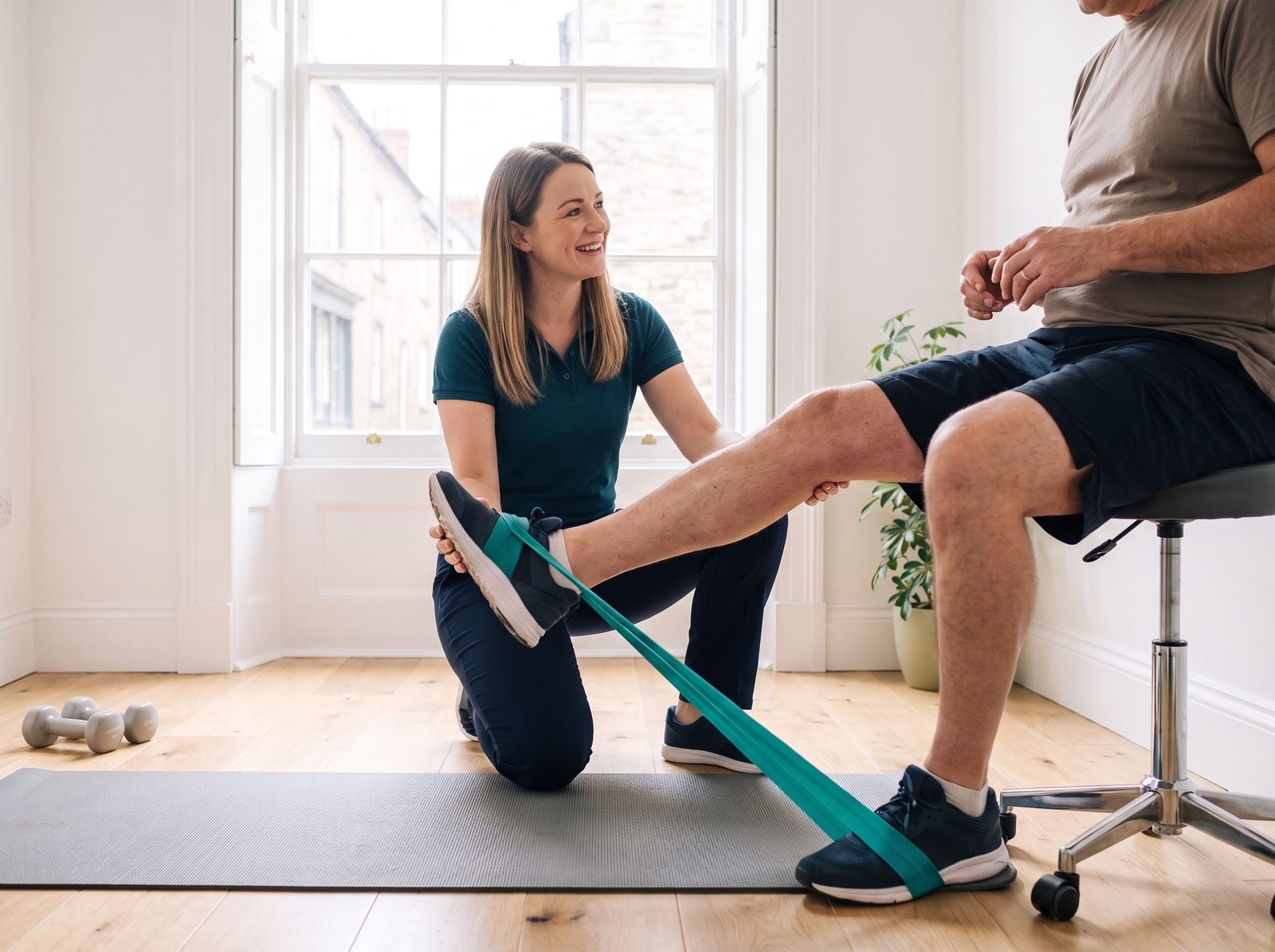 Physiotherapist guiding a knee exercise with a resistance band