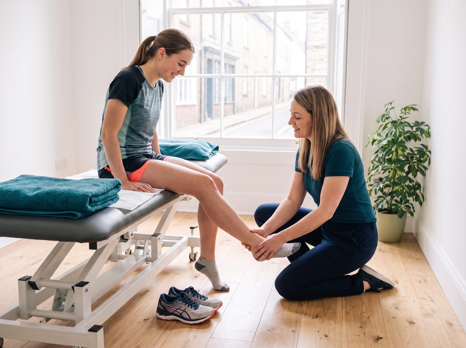 Physiotherapist examining a runner's ankle